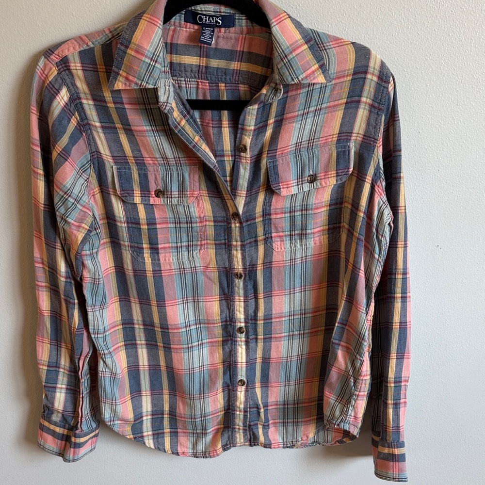 Long Sleeve Chaps Multicolor Button Up Plaid Shirt Size M